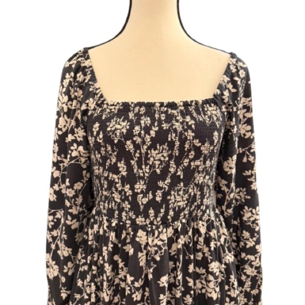 Old Navy Black Ditsy Floral Smocked Square Neck Long Sleeve pockets Mini Dress - Picture 3 of 7